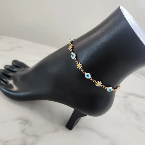Stainless Steel White Blossom Evil Eye Gold Plated Floral Charm Anklet Bracelet - Picture 6 of 15